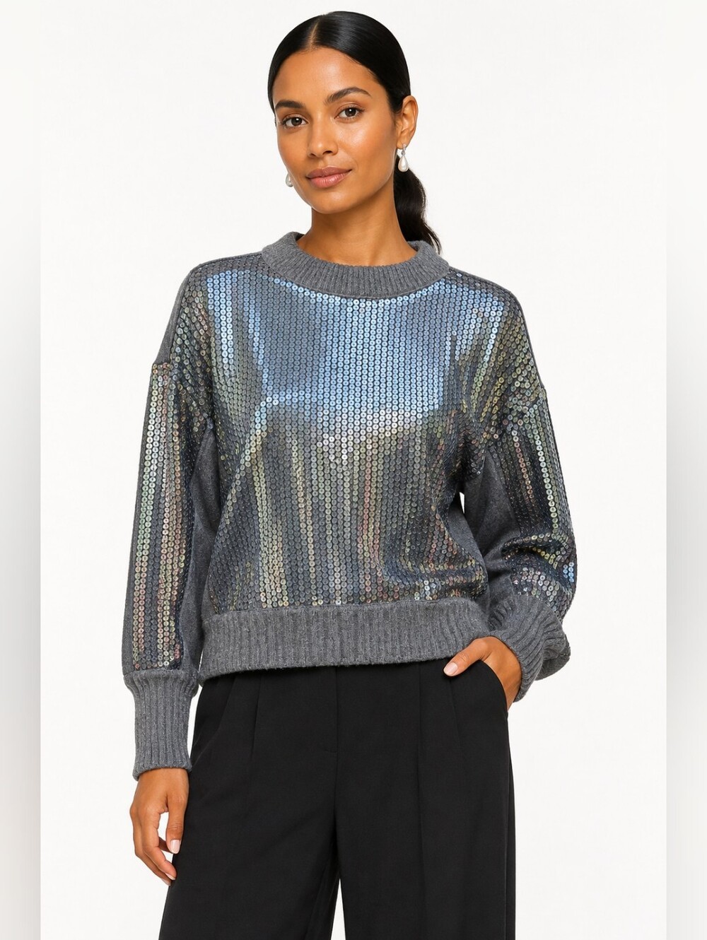NWT $916 Philosophy di Lorenzo Serafini Sequin Wool Sweater Gray IT 42 US 6